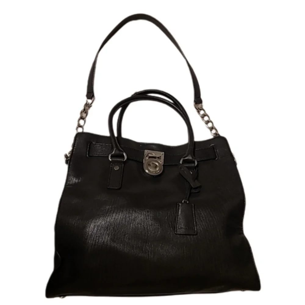 Michael Kors Black Saffiano Leather Hamilton Satchel Tote w/chain strap EUC